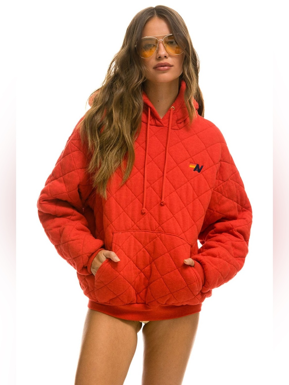 Aviator Nation NWT QUILTED RELAXED PULLOVER HOODIE - RED